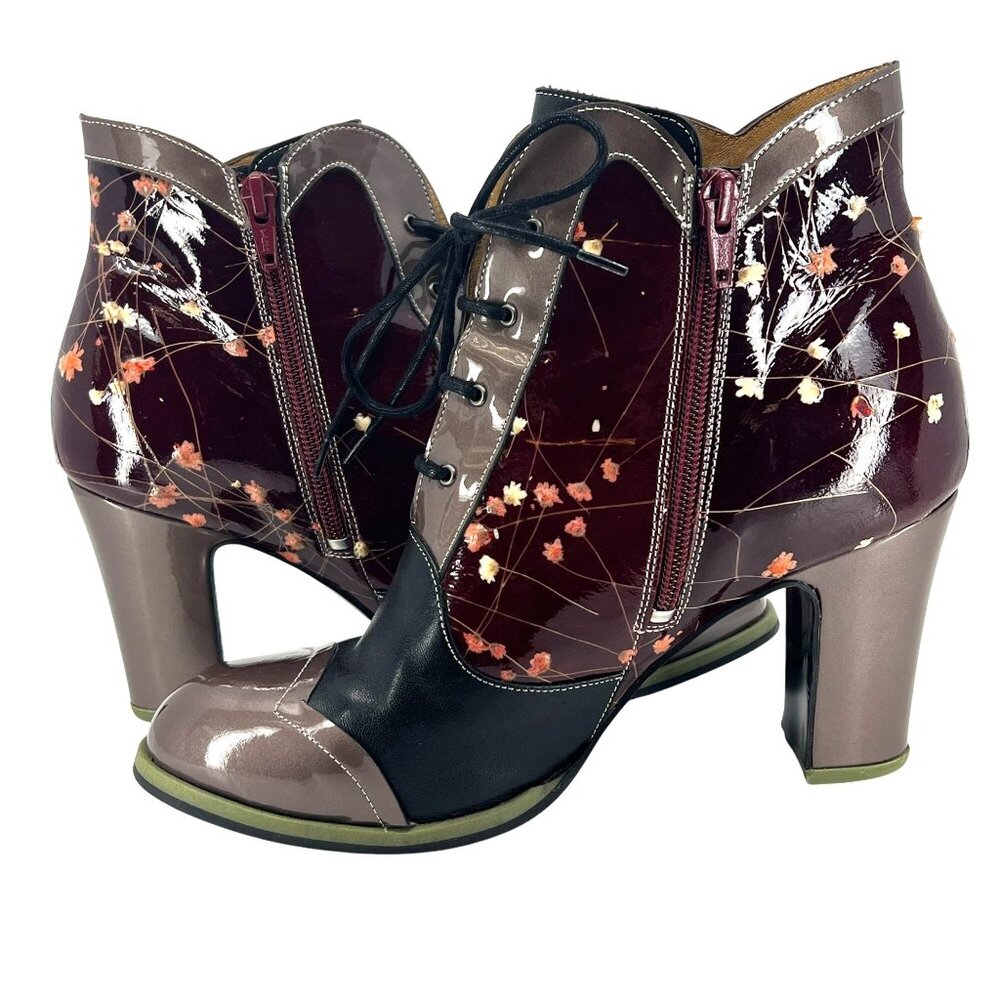John Fluevog Womens Floral Patent Leather Ankle Boots Size 9.5